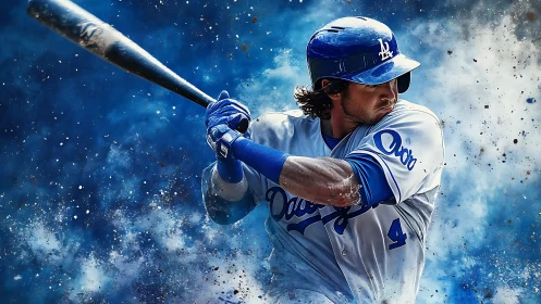 Baseball hitter in Dodgers uniform against blue backdrop.