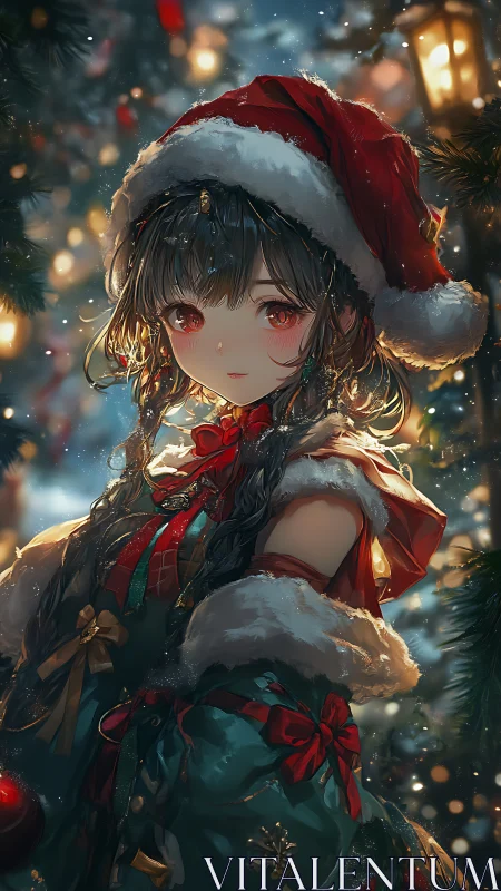 Anime Christmas portrait in festive bokeh illumination style.