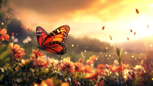 Monarch butterfly rests on orange flowers at golden sunset