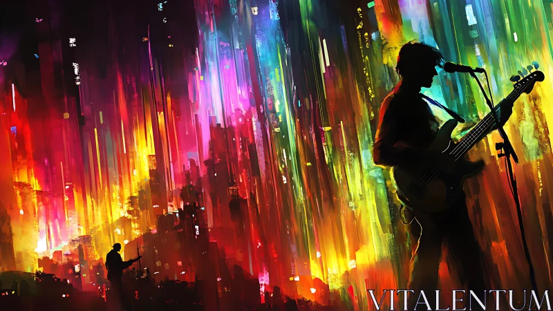 Electric city lights glow around a soulful night guitarist