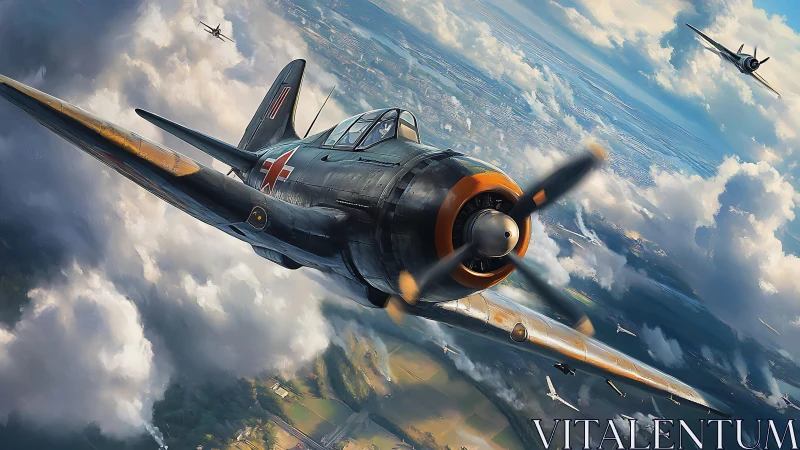 Dramatic warplane dive through luminous broken clouds.