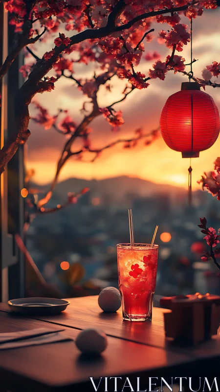 Sunset Serenity with Red Lantern and Blossoms