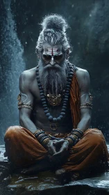 Digital painting of ascetic sage in rain-soaked meditation focus.