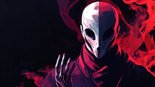 Bifurcated alien mask figure emerges from red vapor plumes