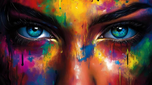 Color-soaked gaze where bold blue eyes meet wild paint storms.