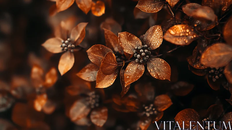 Macro botanical study of dew‑laden bronze petals in bokeh field.