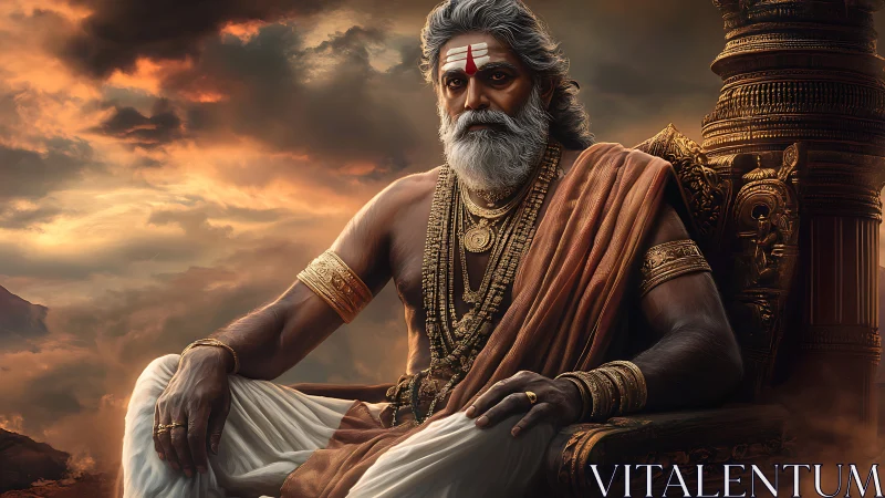 Digital painting of regal sage on ornate throne at sunset.