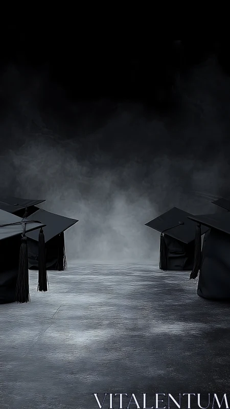 Graduation caps rest on a shadowed stage of achievement.