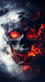 Fiery skull rising from swirling smoke and shadowed night.