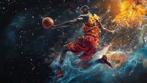 Basketball player mid-air in dynamic fiery water scene.
