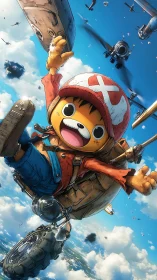 Sky-surfing critter pilot tumbles through roaring blue day.