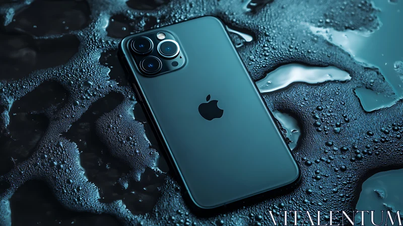 Smartphone with triple camera module positioned on wet surface.