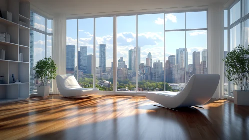 Modern penthouse lounge with panoramic city skyline view.