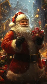 Festive Santa with gifts in glowing winter village street.