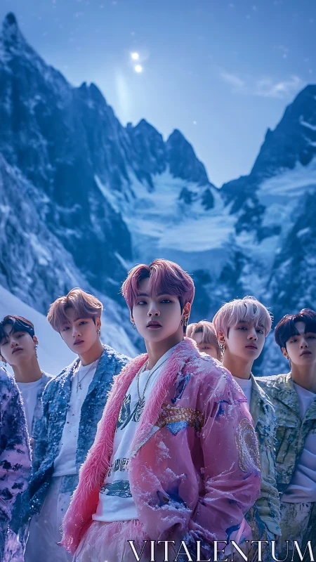 Seven young men stand in snowy mountains under blue sky