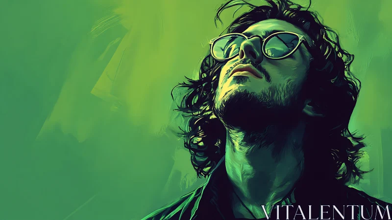 Stylized portrait of man in sunglasses on green backdrop.