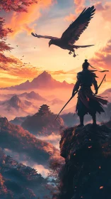 Samurai silhouette overlooks flaming dawn mountain kingdom.