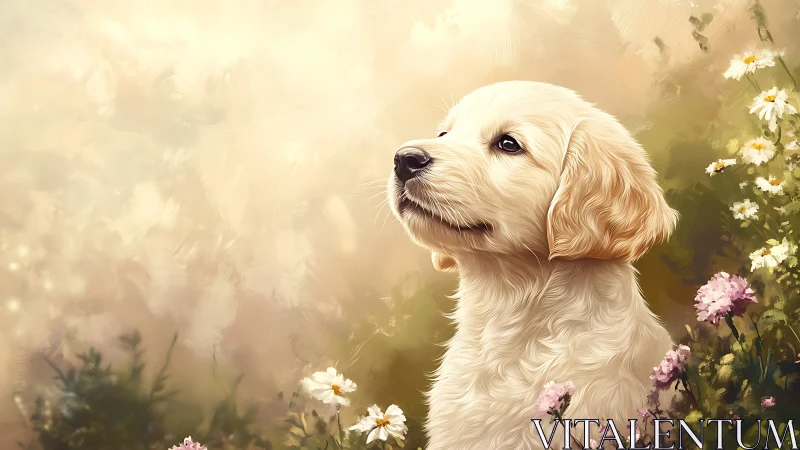 Golden puppy daydreaming sweetly in a sunlit meadow.