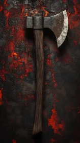 Weathered battle axe on molten-textured charred backdrop.