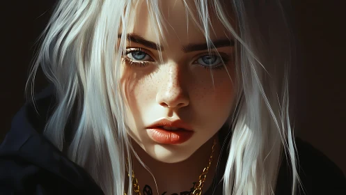 Hyperreal close-up portrait of silver-haired young woman