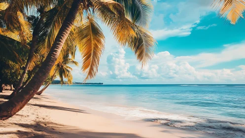 Tropical Palm Beach Shoreline with Turquoise Ocean.