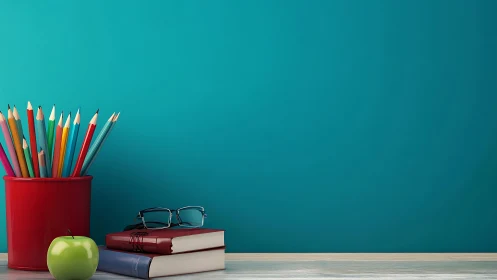 Photorealistic study desk still life with teal backdrop.