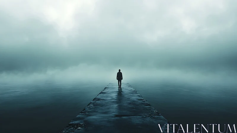 Solitary stroll into misty waters and quiet possibility.