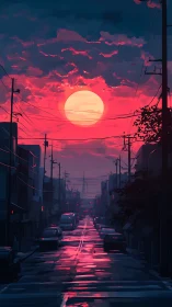 Urban street under large red sun and reflective roadway.