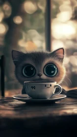 Wide-eyed stylized kitten rendered with bokeh-lit café depth