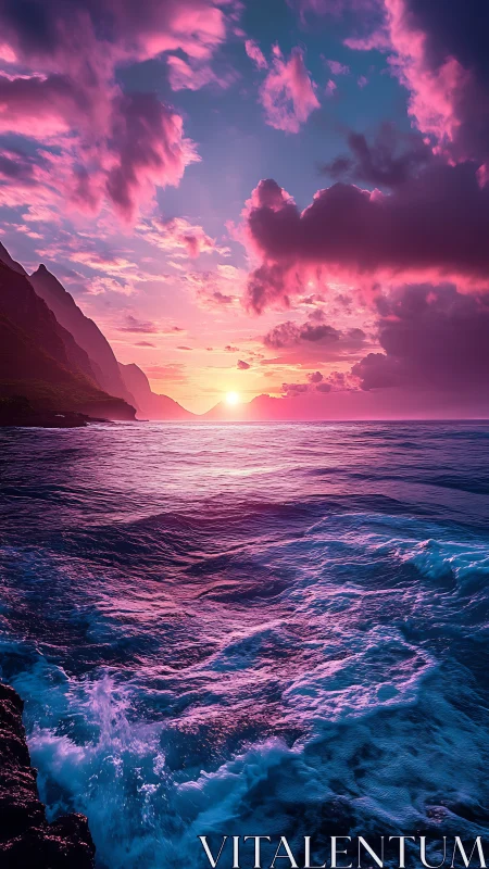 Vivid pink sunset over dramatic coastal ocean cliffs.
