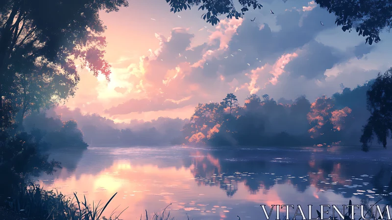 Spectral twilight over reflective lakeside canopy geometry.