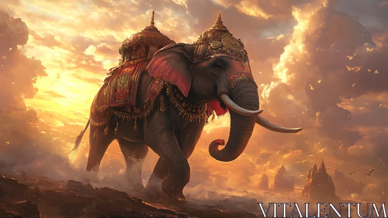 Majestic armored elephant in luminous sunset digital painting.