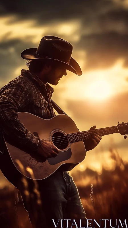 Cowboy guitarist plays softly against warm sunset sky