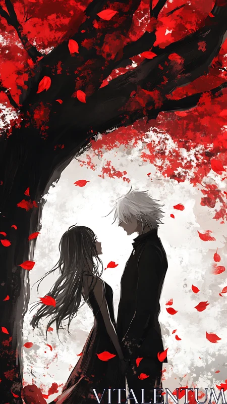 Backlit couple under high-contrast red canopy in stylized silhouette