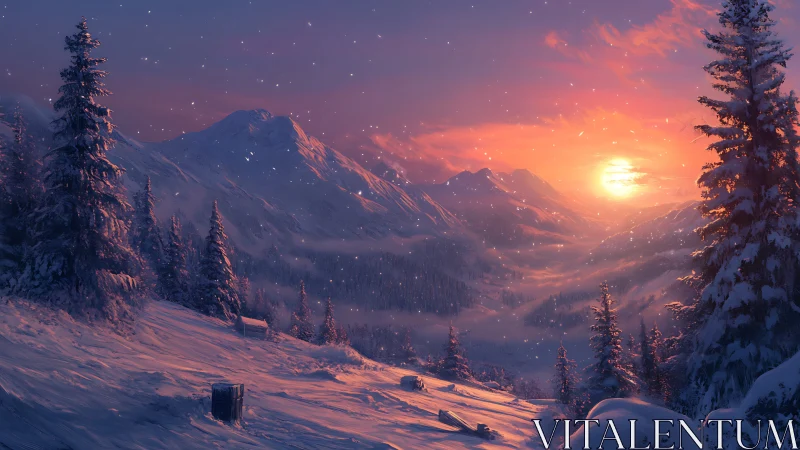 Snowy mountain valley glows softly in a peaceful winter sunset