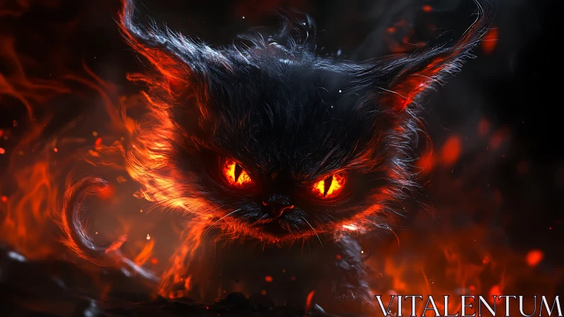 Demonic black cat emerges from blazing inferno with burning eyes