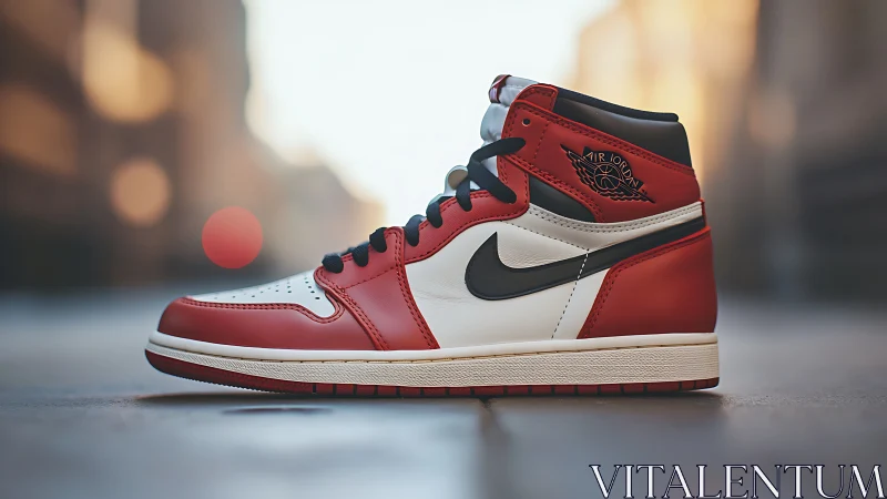 High-detail Air Jordan 1 sneaker in urban bokeh street scene