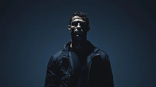 Moody athletic portrait framed in dramatic midnight light.