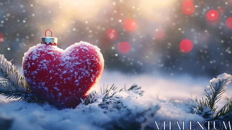Snow-dusted red heart ornament in soft winter bokeh glow.