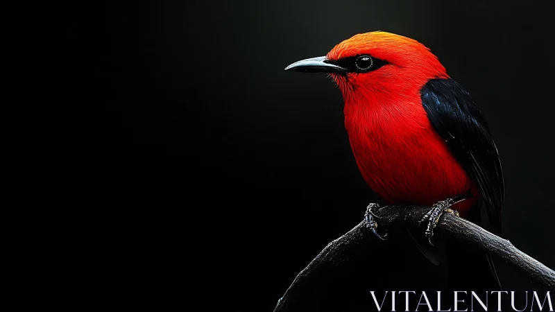 Striking Scarlet Bird on Branch in Dramatic Dark Portrait Style.