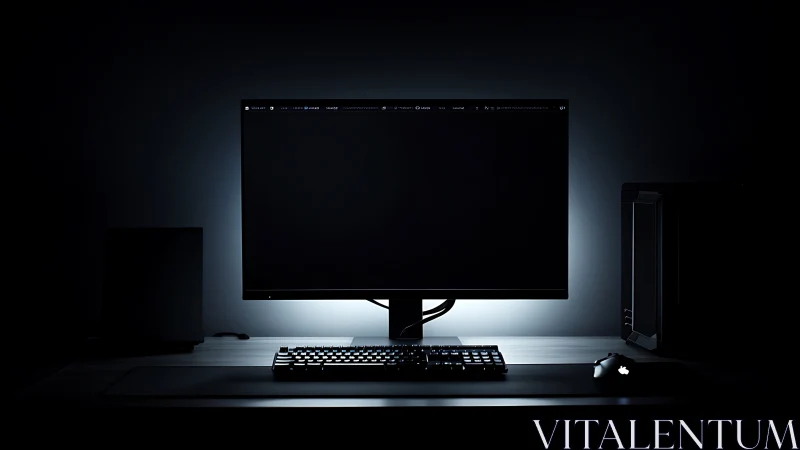 Minimalist workstation monitor in low key studio lighting.
