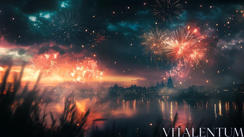 Twilight riverside city skyline with fireworks over calm water