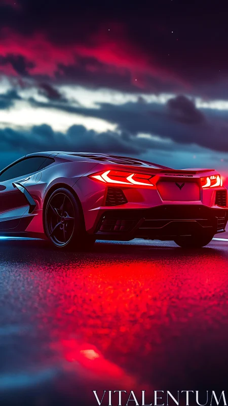 Sleek sports car glowing under a neon soaked night sky.