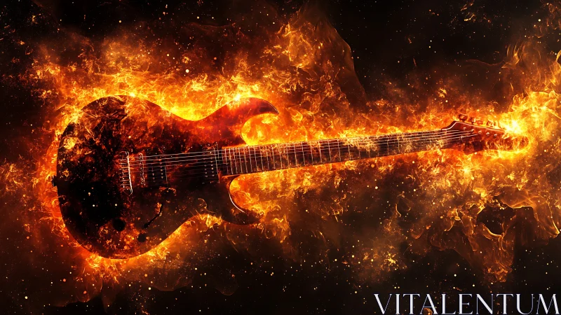 Electric guitar rendered engulfed in intense digital flames