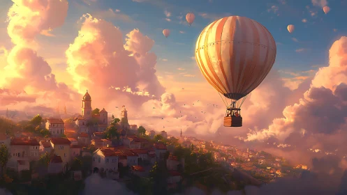 Striped hot air balloons above hillside town at sunset.