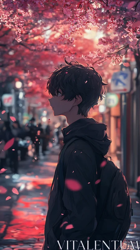 Cherry blossom alley with pensive youth in soft dusk glow.
