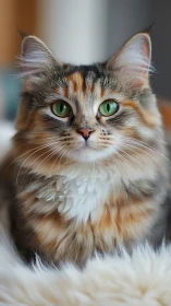 Tabby cat with striking green eyes displaying multicolored coat patterns.