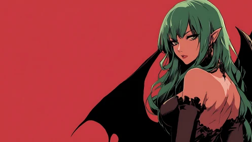 Succubus anime portrait against flat red negative space