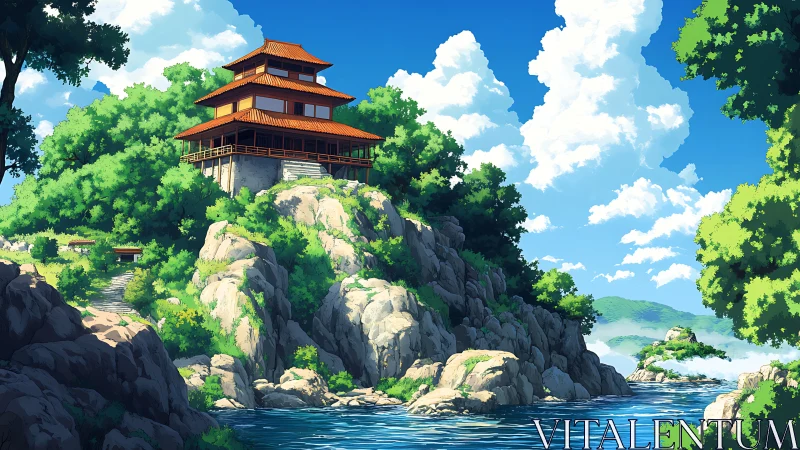 Hilltop wooden pavilion overlooks bright riverside cliffs