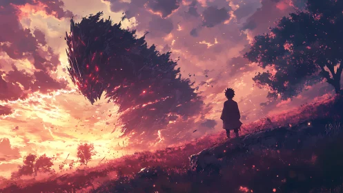 Boy observes massive floating dark structure over sunset field